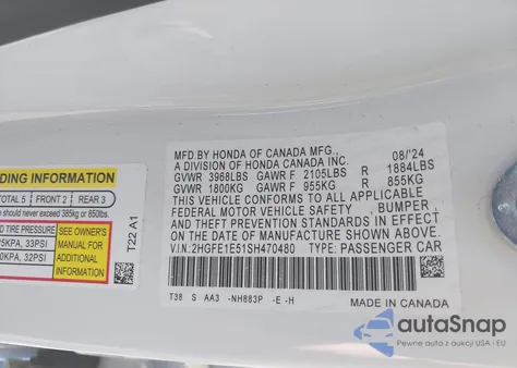 2025 Honda Civic Si Base W/High Performance Summer Tires/ from USA, damaged, VIN 2HGFE1E51SH470480